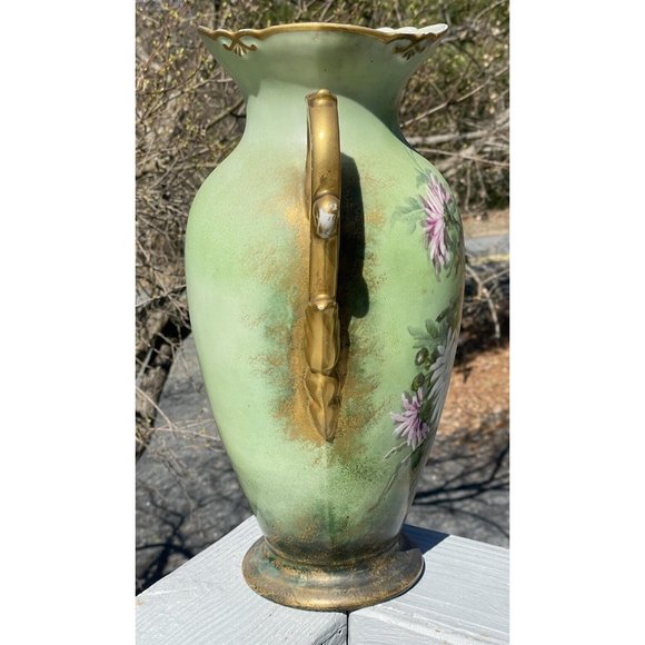 LARGE 15.5" Antique Continental Porcelain Hand Painted Gilt Handled Vase - Picture 11 of 16